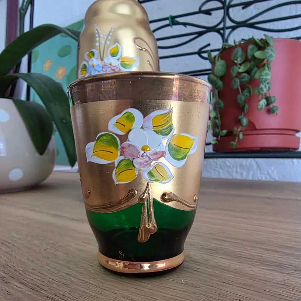 Murano Export Decanter Set Unisex OS Green 24KT Gold Hand Made Floral 5pc Set‎